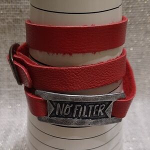 Red Leather Wrap Bracelet with Antique Silver Quote Plate "NO FILTER"